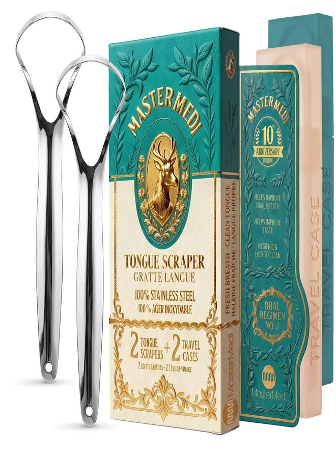 MasterMedi Tongue Cleaner for Adults, 100% Stainless Steel for Bad Breath, Easy to Use, Tongue Cleaner for Oral Care (Pack of 2 with 2 Cases) - Image 1