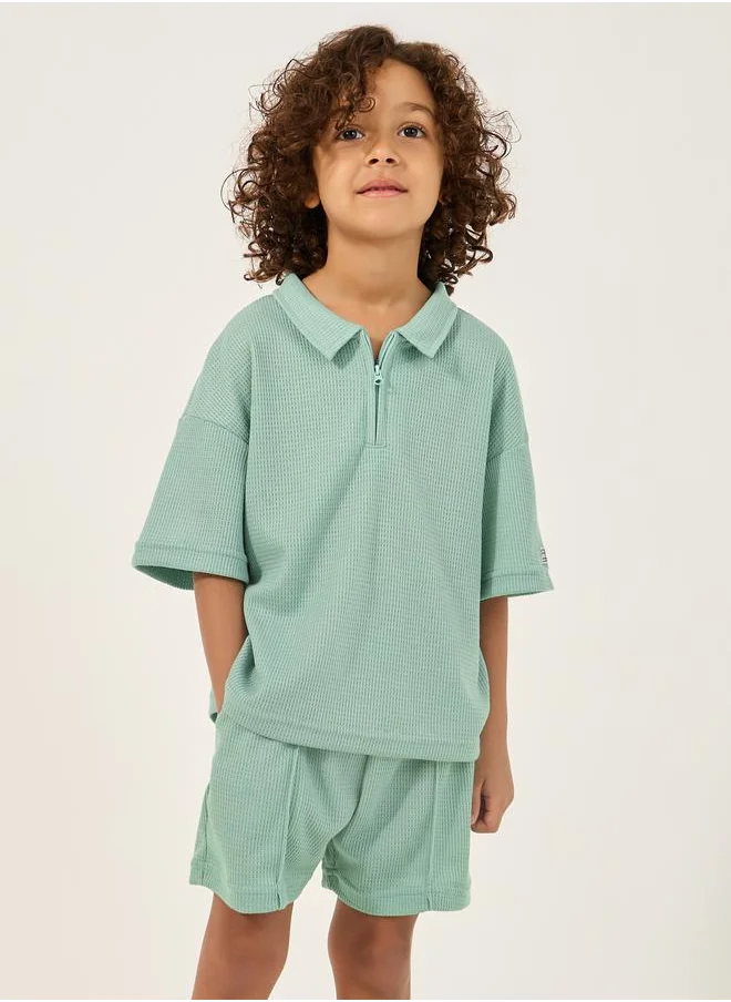 ستايلي Textured Knit Polo T-Shirt and Shorts Set