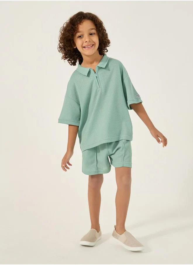 ستايلي Textured Knit Polo T-Shirt and Shorts Set