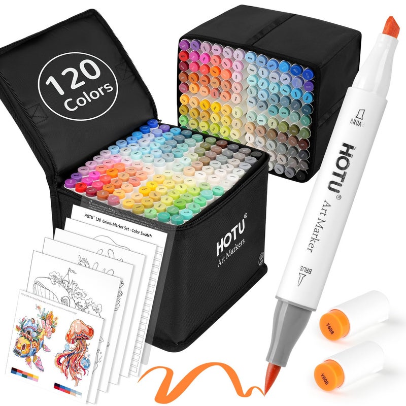 HOTU Alcohol Markers Brush and Fine Tip 120 Colors Dual Tips Art Marker Set Alcohol-based Sketch Pens with Carrying Case, Non-Bleeding Pad for Art Enthusiast Adults Coloring Illustration - Image 1