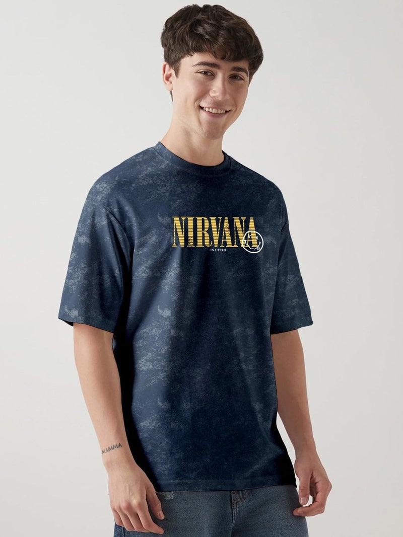 crazymonk Nirvana Acid Wash Graphic Printed Oversized T-Shirt - Navy Blue - S - Image 2