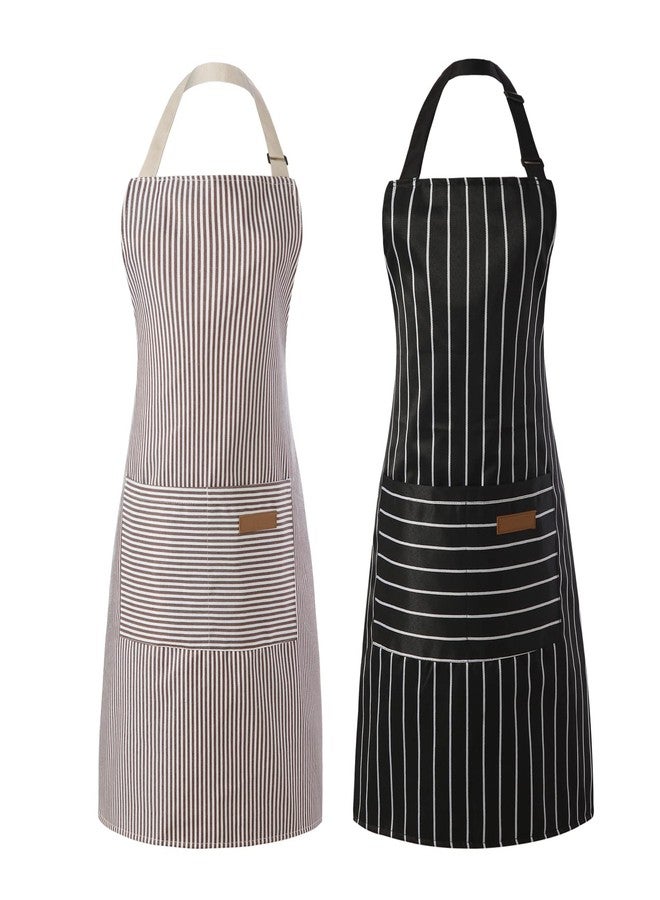 Tosewever 2 Pieces Kitchen Cooking Aprons, Cotton Polyester Blend Adjustable Bib Aprons with 2 Pockets for Women Men Chef Chef (Black/Brown Stripes, 2) - Image 1