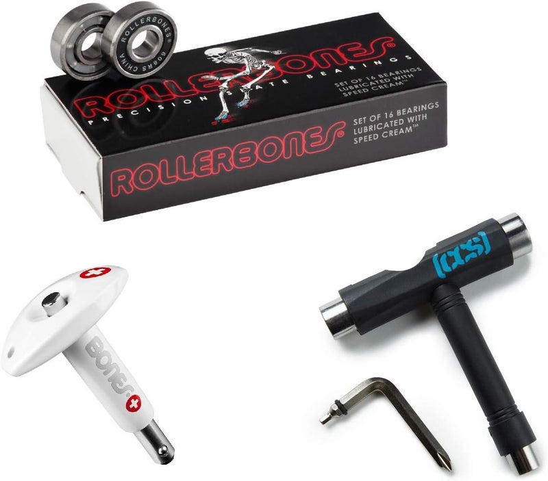 Bones Rollerbones Bearings 16 Pack, Bearing Tool, and a Black CCS Skate Tool - Image 1