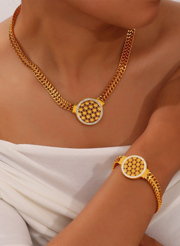 JOOLI 2 Piece Geometric Stylish Popular Necklace Set and Bracelet Golden Fashion Accessories for Women Girls Ladies Wedding Gifts Alloy Titanium Round Shape Classic Pendant Good Luck Newest Jewelry - Image 1