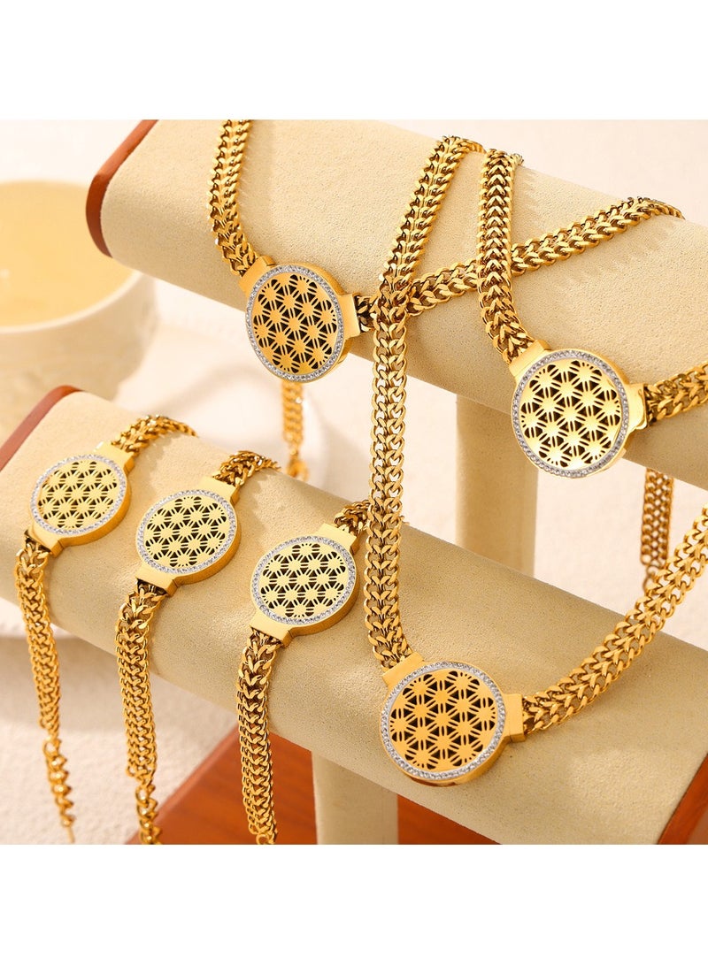 JOOLI 2 Piece Geometric Stylish Popular Necklace Set and Bracelet Golden Fashion Accessories for Women Girls Ladies Wedding Gifts Alloy Titanium Round Shape Classic Pendant Good Luck Newest Jewelry - Image 2