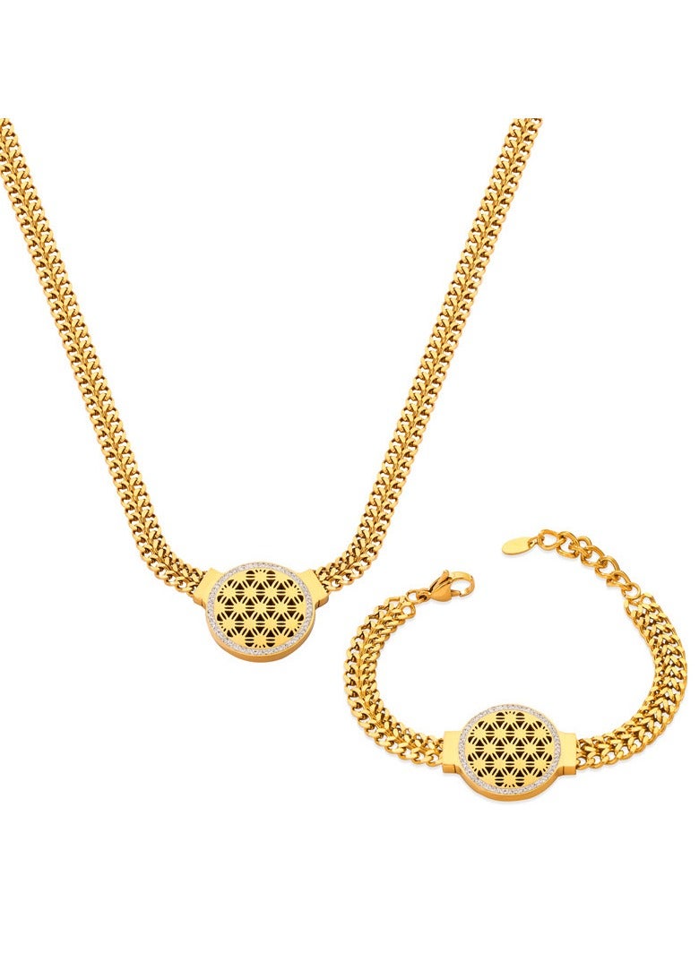 JOOLI 2 Piece Geometric Stylish Popular Necklace Set and Bracelet Golden Fashion Accessories for Women Girls Ladies Wedding Gifts Alloy Titanium Round Shape Classic Pendant Good Luck Newest Jewelry - Image 5