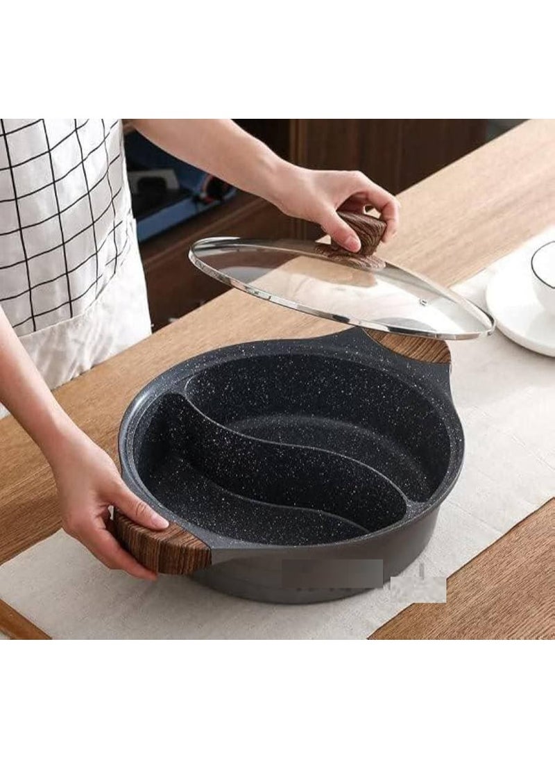 Granite pot divided into two sections with a lid and elegant wooden handles - Image 1