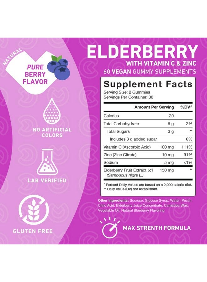 PUREFINITY Sambucus Elderberry Gummies - Your Daily 3-in-1 with Elderberry Vitamin C and Zinc - Pure Elderberry Gummies for Adults and Kids - Gluten Free, Non-GMO - 60 Vegan Gummies (Pack of 2) - Image 5