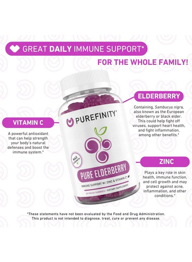 PUREFINITY Sambucus Elderberry Gummies - Your Daily 3-in-1 with Elderberry Vitamin C and Zinc - Pure Elderberry Gummies for Adults and Kids - Gluten Free, Non-GMO - 60 Vegan Gummies (Pack of 2) - Image 3