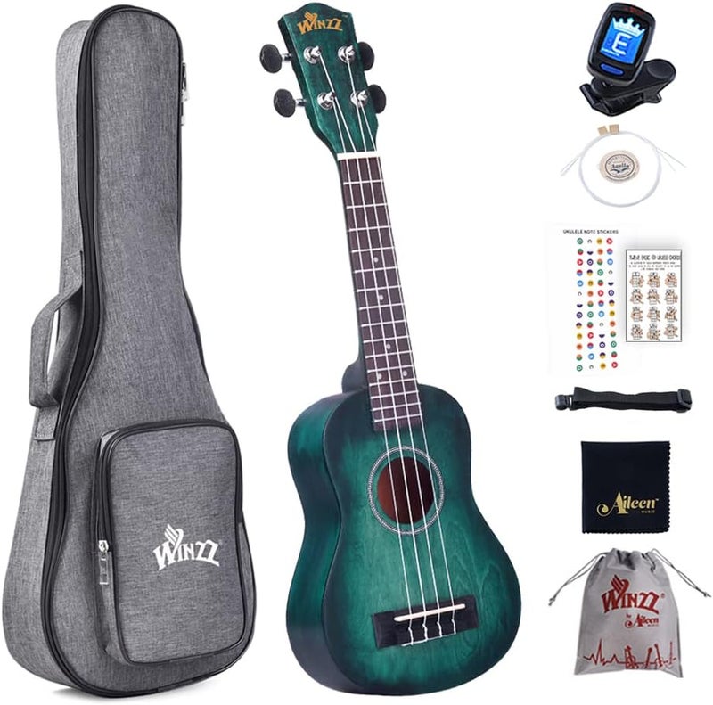 Winzz Kids Adults Ukulele Soprano Beginner Kit, 21 Inches Ukulele Set Blue-green with 8 Accessories, Unique Color Design - Image 1