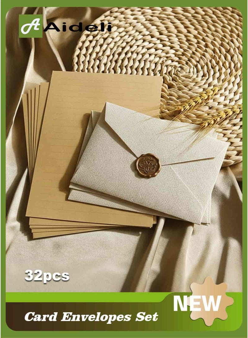 Aideli Greeting Card Envelopes 32PCS Vintage Letter Writing Set – 6 Envelopes + 20 Writing Papers + 6 Wax Seal Stickers for Letters, Invitations, Weddings, Gifts Artistic Craft (Linen White) - Image 1