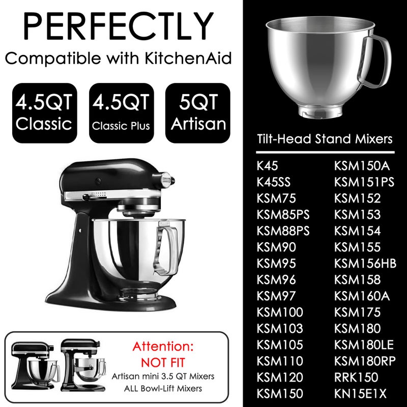 GLINK 5 Quart Stainless Steel Mixer Bowl for KitchenAid Artisan & Classic Series 4.5&5 QT Tilt-Head Stand Mixers, Replacement Mixing Bowl for KitchenAid, Mixer Attachment for KitchenAid, Silver - Image 4