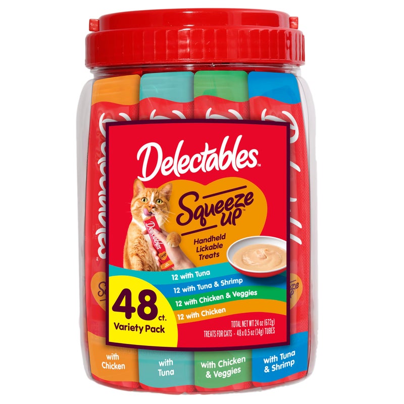 Hartz Delectables Squeeze Up Variety Pack, Creamy Squeezable Puree, Lickable Wet Cat Treats, Grain Free, No Added Fillers, No by-Products, No Added Preservatives, 0.5 Ounces Tube, 48 Tubes Total - Image 1