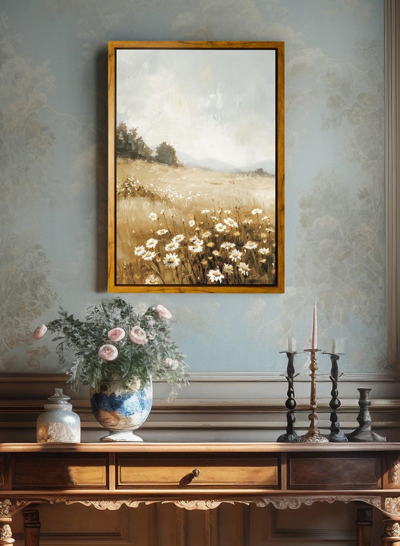LOWHA Canvas Wall Art Stretched Over Wooden Frame with Wooden Color Floating Frame and Vintage Style Flowers and Trees Painting - Image 1