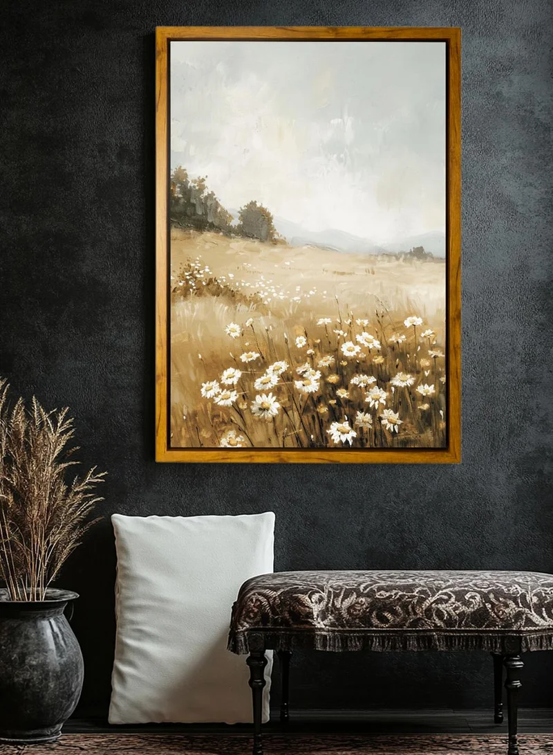 LOWHA Canvas Wall Art Stretched Over Wooden Frame with Wooden Color Floating Frame and Vintage Style Flowers and Trees Painting