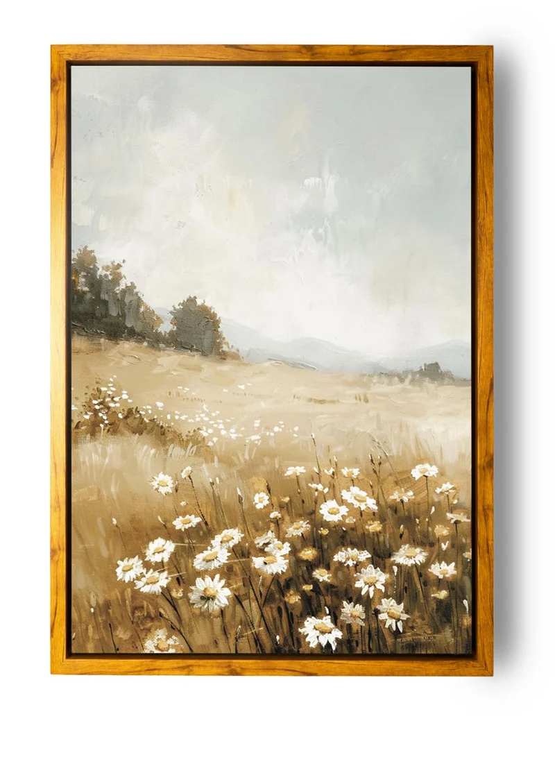LOWHA Canvas Wall Art Stretched Over Wooden Frame with Wooden Color Floating Frame and Vintage Style Flowers and Trees Painting
