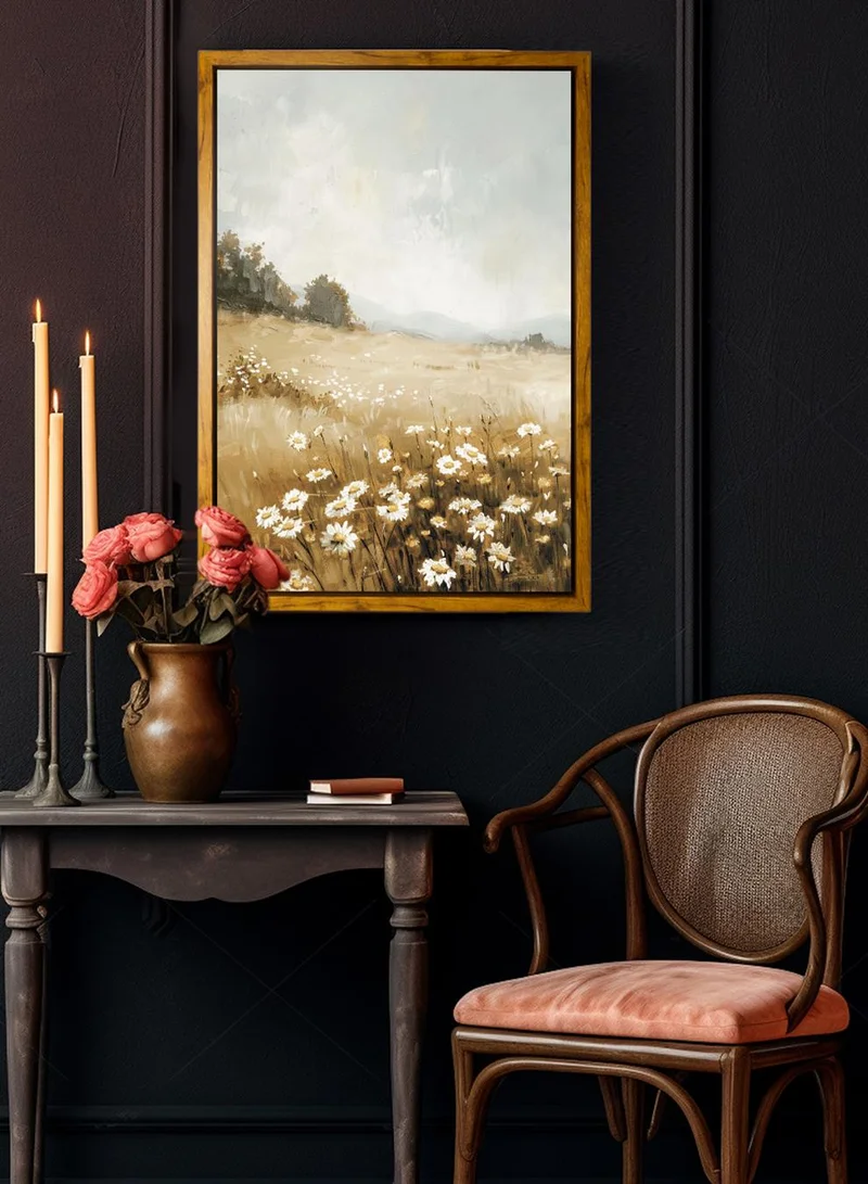 LOWHA Canvas Wall Art Stretched Over Wooden Frame with Wooden Color Floating Frame and Vintage Style Flowers and Trees Painting