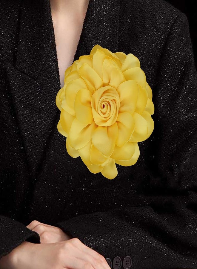 MarveBard Extra Large Satin Fabric Flower Brooch for Women Elegant Rose Camellia Floral Brooch Pin Handmade Big Satin Fabric Flower Statement Brooch Pin Vintage Clothing Hat Bag Accessories Christmas Wedding Bridal Birthday Jewelry (Yellow) - Image 2