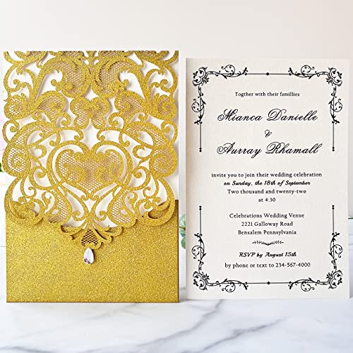 Hosmsua 50PCS Blank Wedding Invitation Cards 5 x 7.3 Inch Gold Laser Cut Hollow Heart Floral Invitation with Rhinestone pockets invitations for Engagement Quinceanera Invite (Gold Glitter) - Image 3