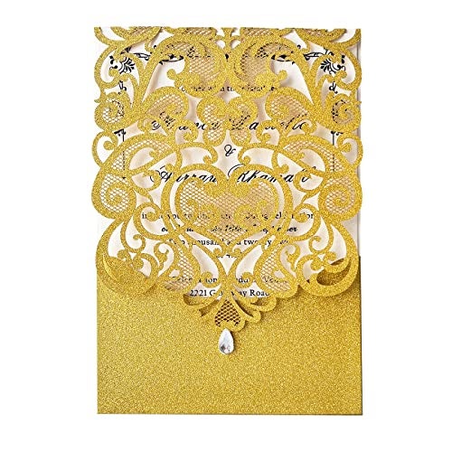 Hosmsua 50PCS Blank Wedding Invitation Cards 5 x 7.3 Inch Gold Laser Cut Hollow Heart Floral Invitation with Rhinestone pockets invitations for Engagement Quinceanera Invite (Gold Glitter) - Image 1