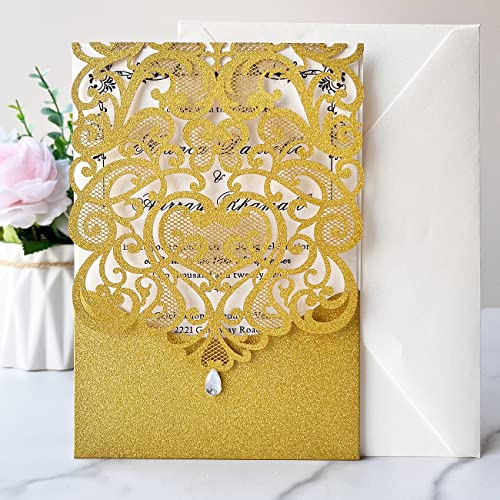 Hosmsua 50PCS Blank Wedding Invitation Cards 5 x 7.3 Inch Gold Laser Cut Hollow Heart Floral Invitation with Rhinestone pockets invitations for Engagement Quinceanera Invite (Gold Glitter) - Image 2
