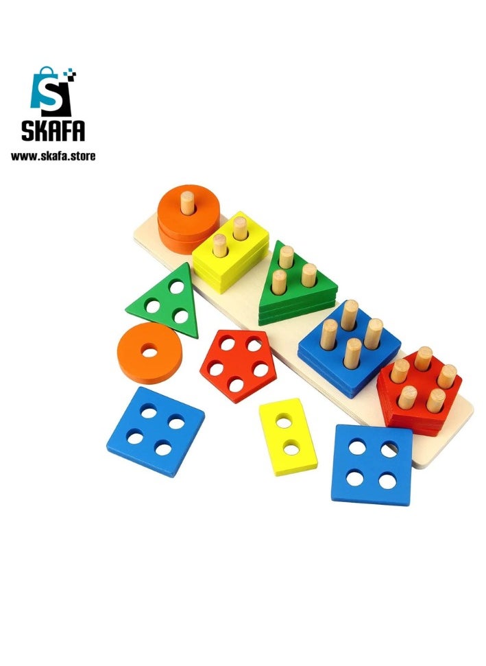 SKAFA Wooden Sorting & Stacking Toys, Shape Color Recognition Geometric Blocks Matching Puzzle with Lacing String, Educational Preschool Learning Board Game Gift for Babies.  - Image 1