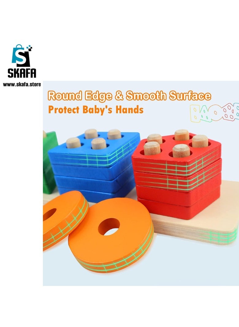 SKAFA Wooden Sorting & Stacking Toys, Shape Color Recognition Geometric Blocks Matching Puzzle with Lacing String, Educational Preschool Learning Board Game Gift for Babies.  - Image 3