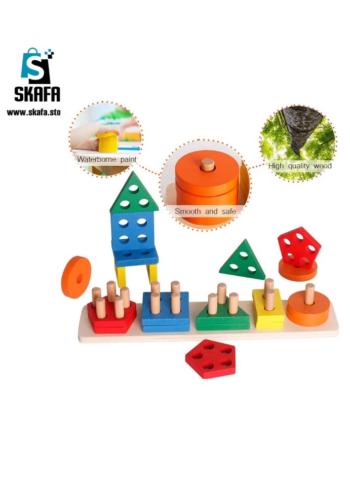 SKAFA Wooden Sorting & Stacking Toys, Shape Color Recognition Geometric Blocks Matching Puzzle with Lacing String, Educational Preschool Learning Board Game Gift for Babies.  - Image 2