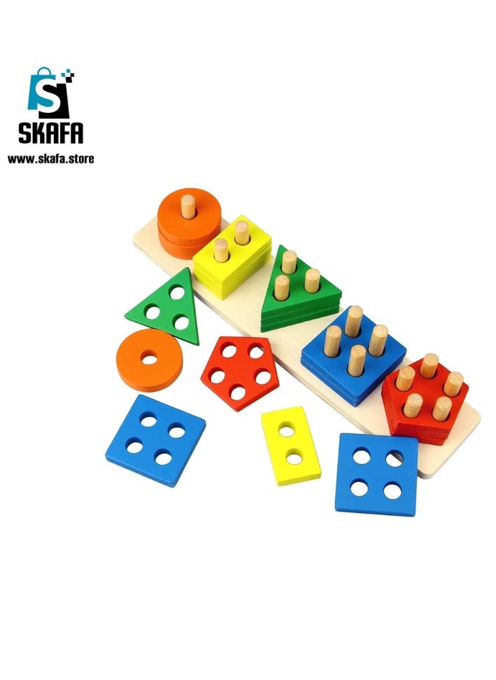 SKAFA Wooden Sorting & Stacking Toys, Shape Color Recognition Geometric Blocks Matching Puzzle with Lacing String, Educational Preschool Learning Board Game Gift for Babies.  - Image 4