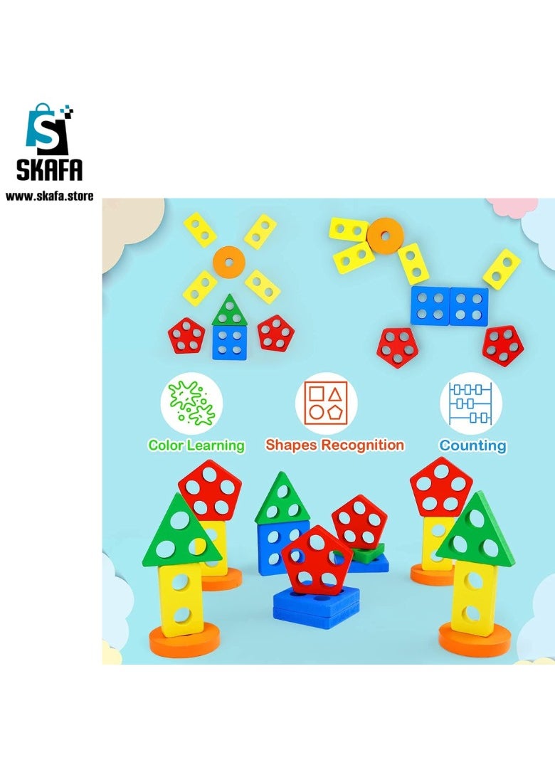 SKAFA Wooden Sorting & Stacking Toys, Shape Color Recognition Geometric Blocks Matching Puzzle with Lacing String, Educational Preschool Learning Board Game Gift for Babies.  - Image 5