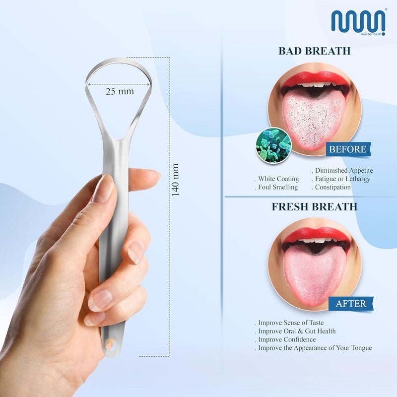 MasterMedi Tongue Scraper for Adults, 100% Stainless Steel for Bad Breath, Easy to Use, Tongue Cleaner for Oral Care (Pack of 3 with 1 Case) - Image 2