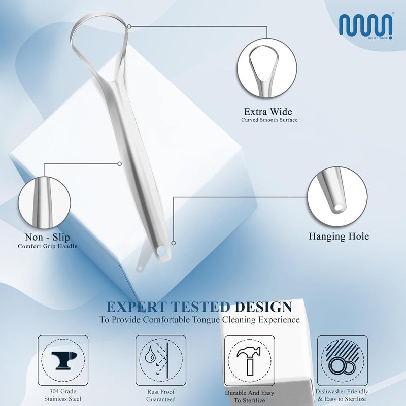 MasterMedi Tongue Scraper for Adults, 100% Stainless Steel for Bad Breath, Easy to Use, Tongue Cleaner for Oral Care (Pack of 3 with 1 Case) - Image 3