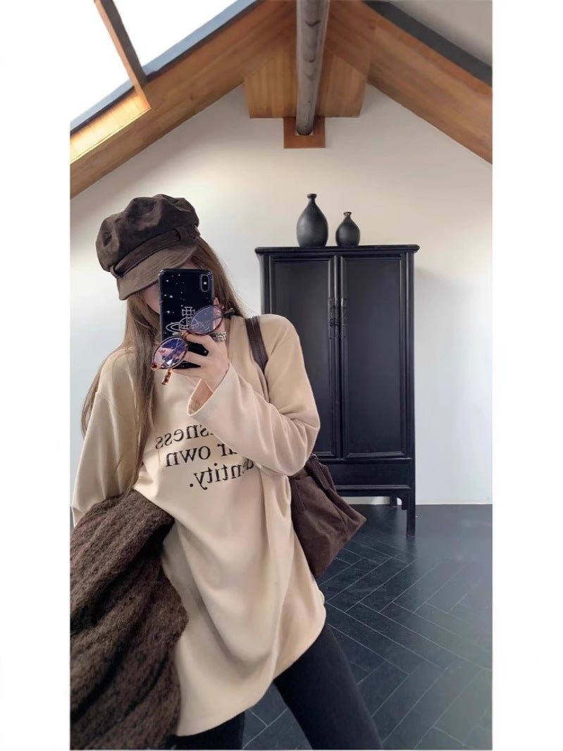 [Factory Source Straight Hair] Letter Printing Long-Sleeved T-Shirt Sanding Loose Slim Top - Image 1