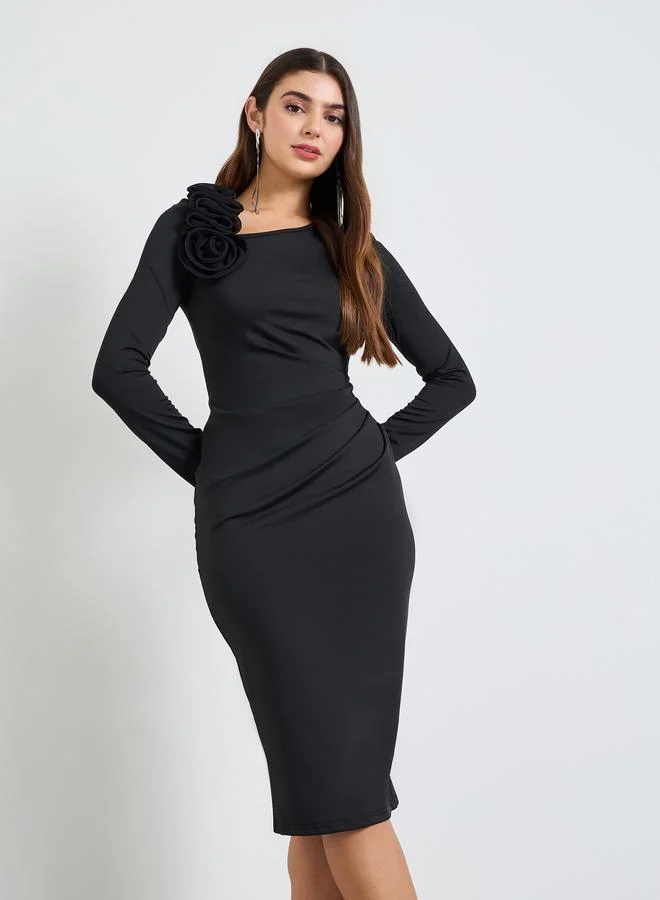 تايك تو Black Corsage Detail Bodycon Knee Length Dress