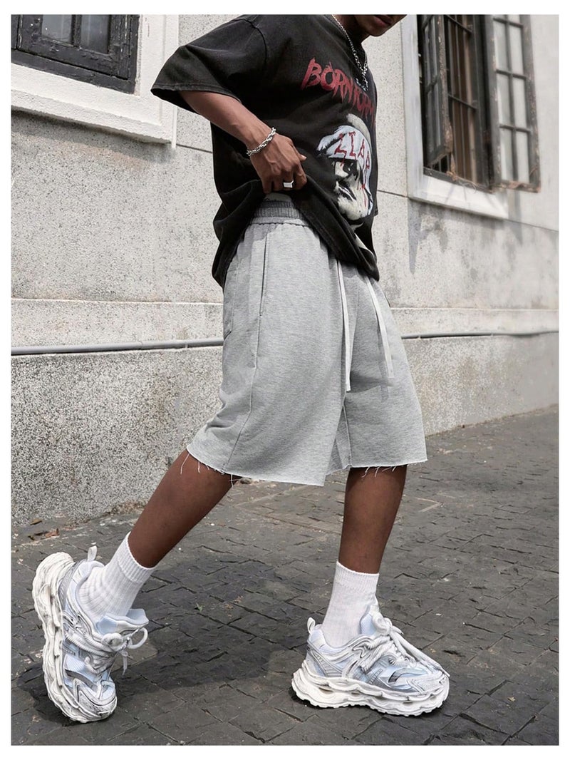 SHENHE Men's Baggy Sweat Shorts Drawstring Waist Wide Leg Raw Loose Athletic Gym Shorts with Pockets Summer Grey Medium - Image 3