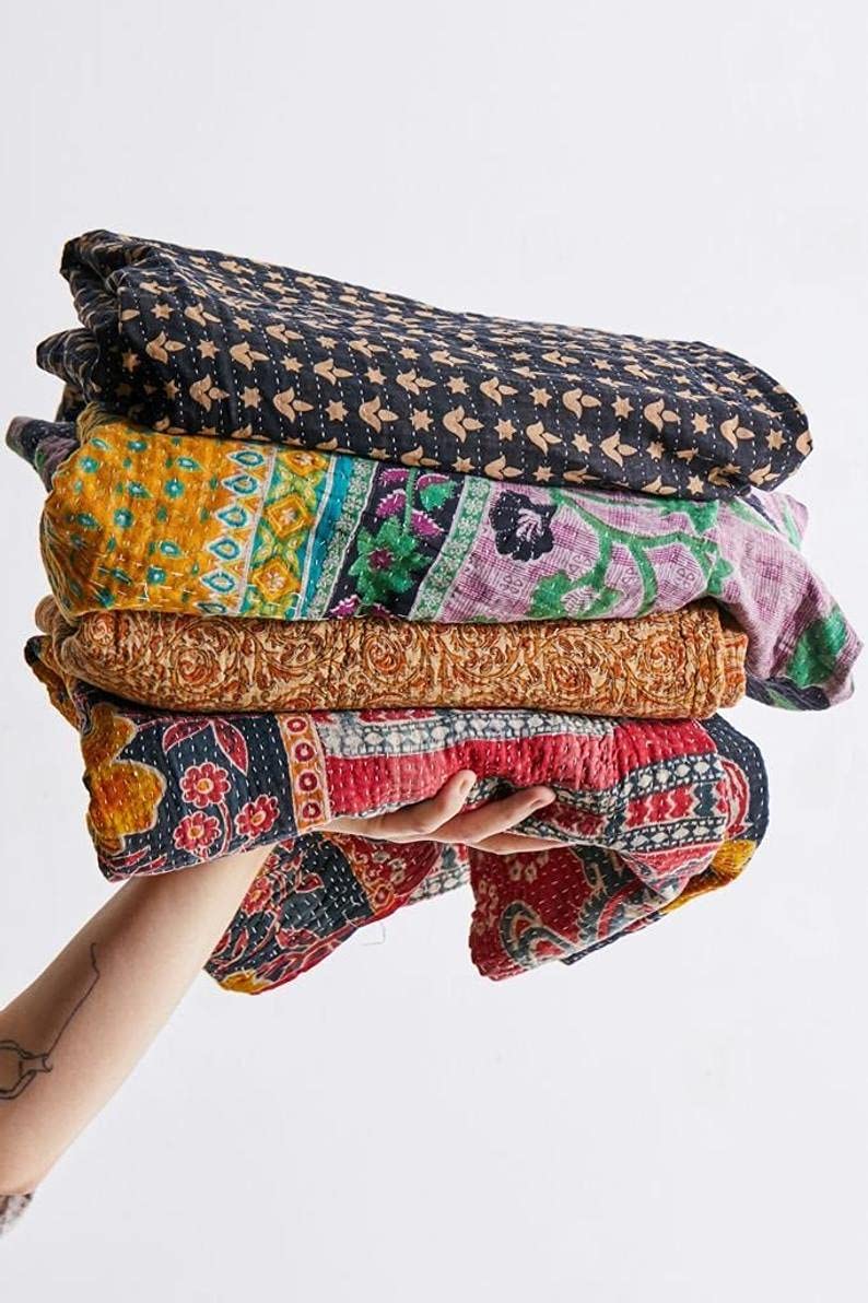 Royal Craft Indian Vintage Kantha Quilt Handmade Throw Reversible Cotton Blankets 1 Quilt Assorted Colors RCKQT0096 RCKQT0096 55X85 Inches - Image 1