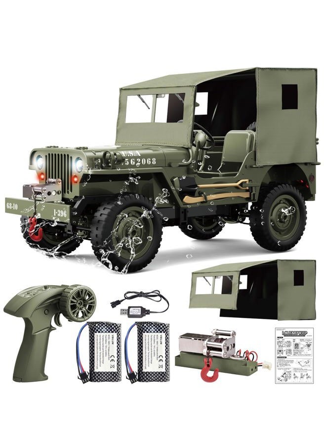 Yiwsnust RC Jeep 1/10 Scale Willys Hobby RC Car Off-Road Military Crawler, 2.4Ghz Military Truck 4WD RC Crawler with Light, Tarpaulin, Metal Shaft, 4x4 Off Road Vehicle RTR Jeep Car, 2 Batteries - Image 1