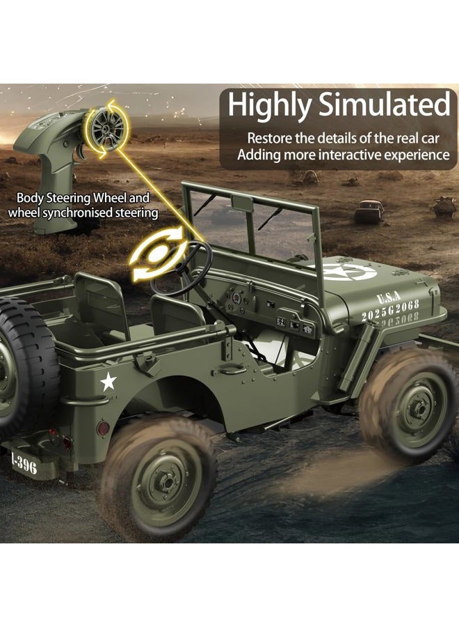 Yiwsnust RC Jeep 1/10 Scale Willys Hobby RC Car Off-Road Military Crawler, 2.4Ghz Military Truck 4WD RC Crawler with Light, Tarpaulin, Metal Shaft, 4x4 Off Road Vehicle RTR Jeep Car, 2 Batteries - Image 3