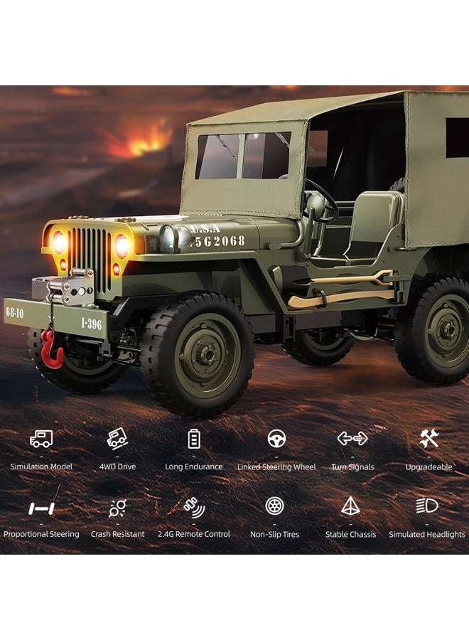 Yiwsnust RC Jeep 1/10 Scale Willys Hobby RC Car Off-Road Military Crawler, 2.4Ghz Military Truck 4WD RC Crawler with Light, Tarpaulin, Metal Shaft, 4x4 Off Road Vehicle RTR Jeep Car, 2 Batteries - Image 2