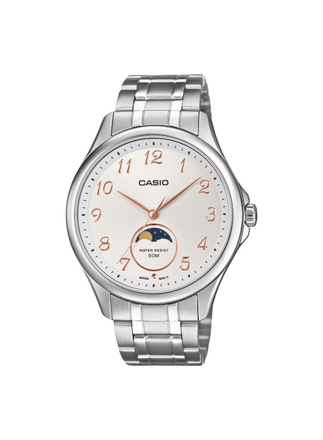 CASIO Analog Men's Watch MTP-M110D-7A, 48.4 mm Moon Phase White Dial, Silver Stainless Steel Case & Bracelet, 50m WR