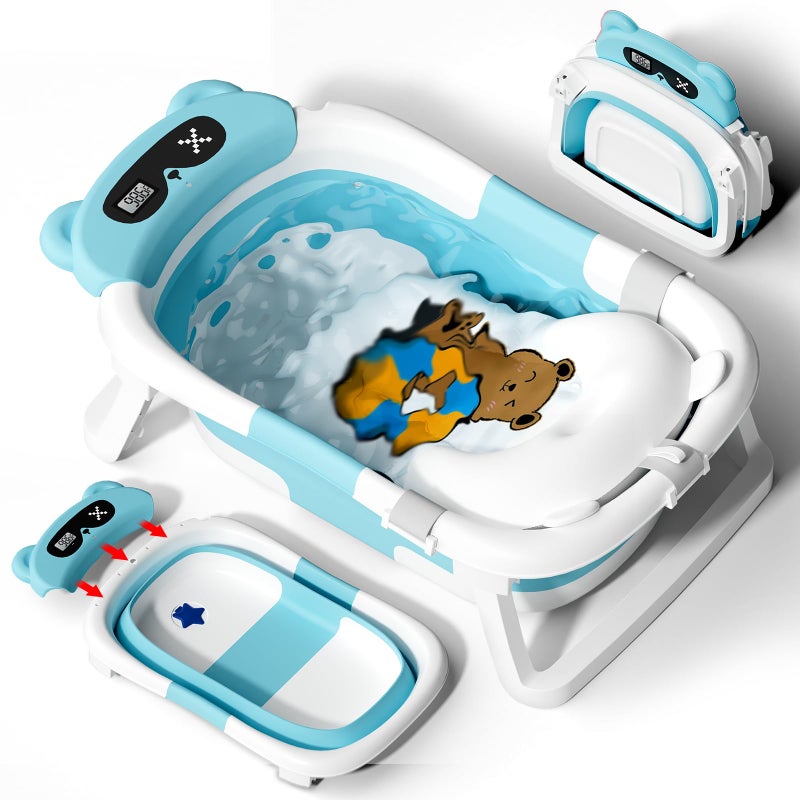 AVIDOR Baby Bathtub,Collapsible Bathtub for Newborn to Toddler,Durable Essential Infant Bath Tub,Portable Travel Baby Bathtub with Soft Cushion,No-Slip Hanging and Detachable Bathtub(Blue) - Image 1