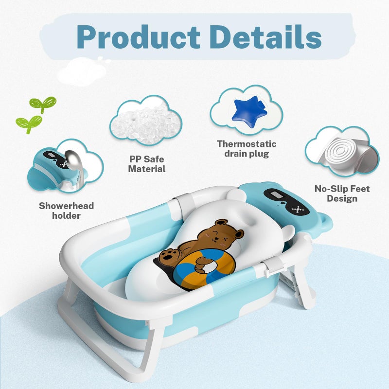 AVIDOR Baby Bathtub,Collapsible Bathtub for Newborn to Toddler,Durable Essential Infant Bath Tub,Portable Travel Baby Bathtub with Soft Cushion,No-Slip Hanging and Detachable Bathtub(Blue) - Image 2