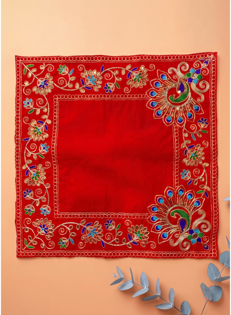 Madhoor Velvet Zardozi Decorative Pooja Aasan Red for Pooja, Deity Idol Placement & Home Temples, 13 x 20 Inches