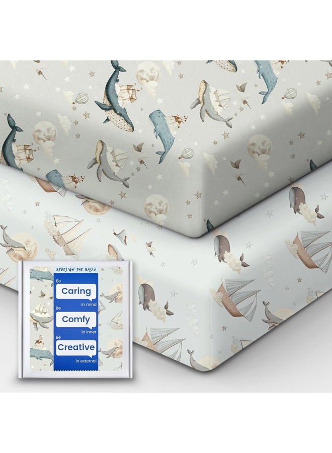TOTBASIC Premium Fitted Baby Boy Crib Sheets for Standard Crib Mattress - Ultra-Soft Jersey Knit Crib Mattress Sheet, Safe and Snug, Durable, Stylish Crib Sheet, 28''x52''x9'' Extra Deep Pocket (Whale Dreams) - Image 1