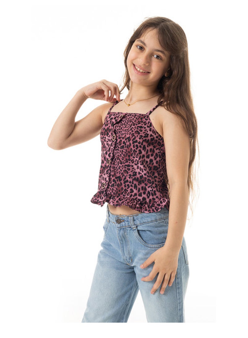 Andora Leopard Pattern Sleeveless Ruffle Edge Girls Blouse - Burgundy & Black - Image 1