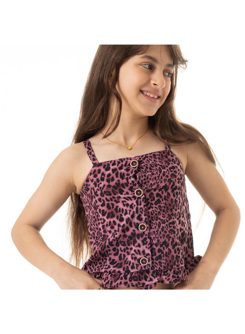 Andora Leopard Pattern Sleeveless Ruffle Edge Girls Blouse - Burgundy & Black - Image 3