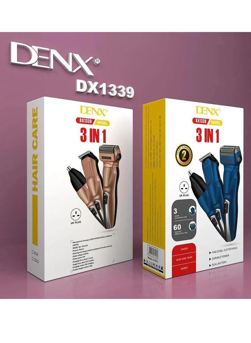 DENX DX1339 3‑in‑1 Electric Grooming Kit – Shave, Trim & Nose Hair, USB Rechargeable, Waterproof - Image 2