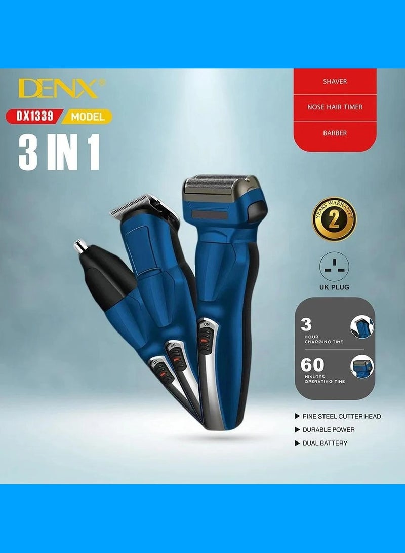 DENX DX1339 3‑in‑1 Electric Grooming Kit – Shave, Trim & Nose Hair, USB Rechargeable, Waterproof - Image 3