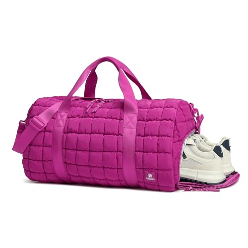 FODOKO Quilted Duffel Bag for Women Puffer Gym Duffle Bag with Shoe Compartment Lightweight Large Crossbody Sport Bag Travel Tote Fuchsia - Image 1