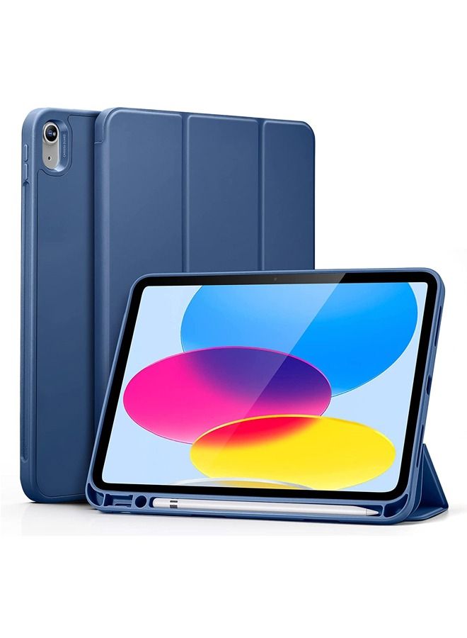 روك بو آي باد الجيل العاشر حالة 10.9 بوصة 2022 مع المدمج في حامل القلم مرنة الغطاء الخلفي ، ثلاثة أضعاف قوس ، التلقائي النوم استيقظ ترتد سلسلة الأزرق - Image 1